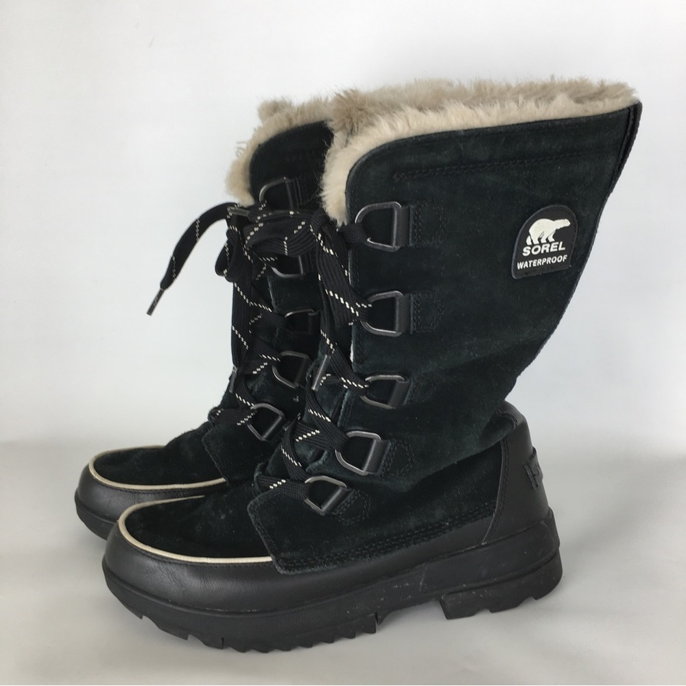 Sorel Tivoli Tall Waterproof Out Dry Boots Black Suede Faux Fur Lining Size 10.5 - Picture 2 of 16